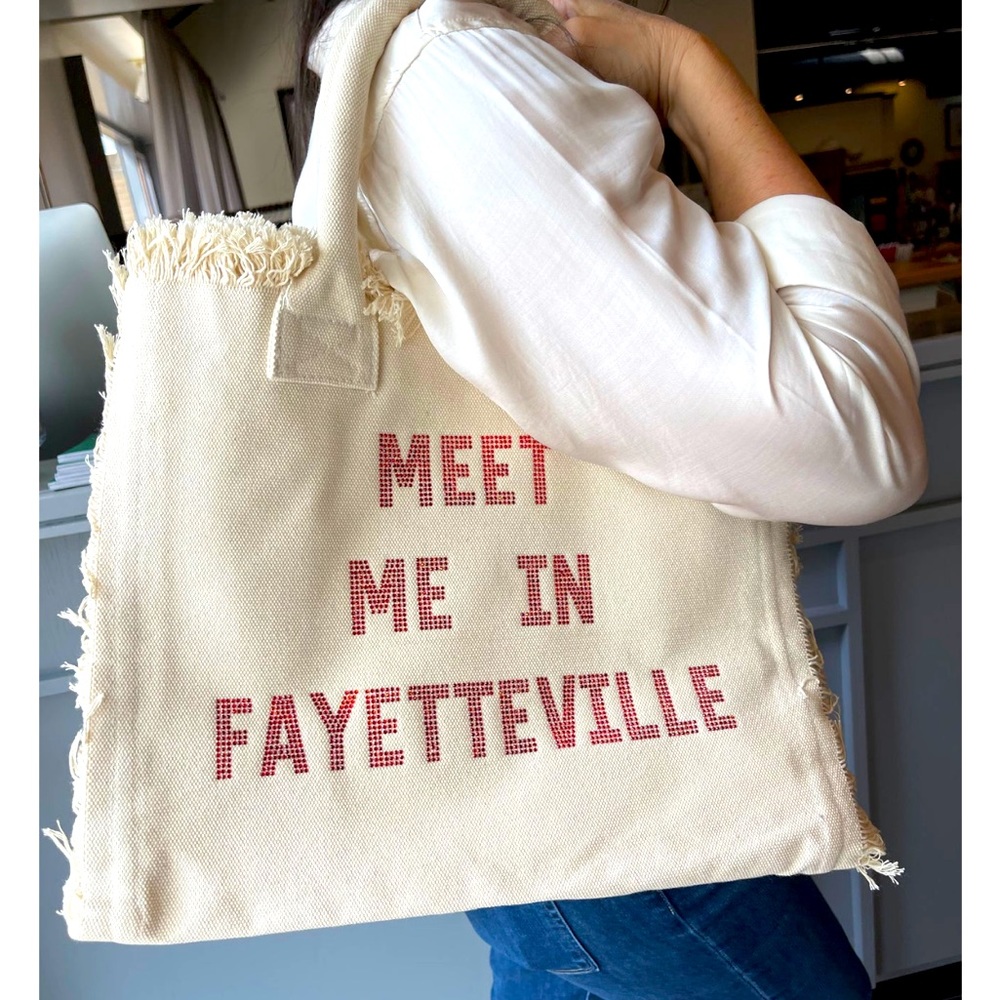 “MEET ME IN FAYETTEVILLE” fringe canvas tote